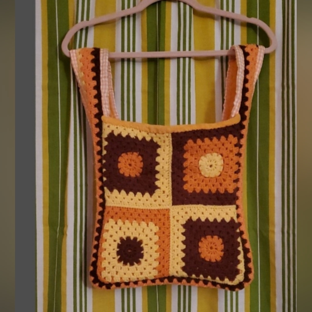 Handcrafted Crochet Patchwork Bag - Orange And Br… - image 2